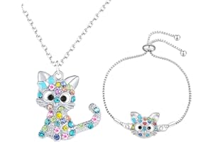 GlamRays Love Rainbow Rhinestone Cat Jewellery Set for Girls: Necklace & Bracelet, Silver, L