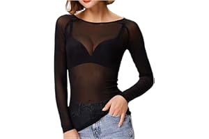 GENERIC Top en maille pour femme à manches longues, t-shirt basique à manches longues pour femme sexy en maille filet extensible haut transparent t-shirt élégant pull en maille serrée pull en maille pour