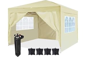 DAWSONS LIVING Waterproof Pop Up Gazebo - 3m x 3m Pop Up Outdoor Garden Shelter with Sides - PVC Coated - Travel Bag and 4 Leg Weight Bags (Beige)
