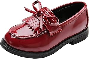 wealsex Mocassins Fille Cuir Vernis Bout Ronde Talon Plate Chaussures de Ville Ecole Franges Oxford Noir Bordeaux Argent