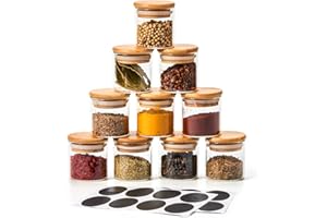 EZOWARE Set di 10 Piccoli Barattoli di Vetro Borosilicato, Contenitori Bottigliette con Coperchio Ermetico di Legno bambù per Conservazione degli Spezie, Cucina, Bagno, Decorazione - 70ml