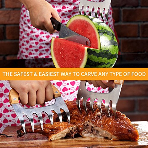 Wuudi Meat Claws Edelstahl Fleisch-Klauen Fleischgabeln mit Holzgriff ideal für Pulled Pork, Beef, Chicken, Grill, BBQ 2er Set - 4