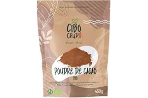 CIBO CRUDO CRUDO BIOLOGICO VEGAN Poudre de cacao amer - 450g. Biologique naturelle et pure traitée à basse température. Poudre de cacao cru biologique riche en antioxydants magnésium fer vitamine B1 et B2.