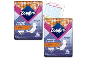Bodyform Maxi 24 Sanitary Towels Bundle (2X 12) - Non-Wing, for Regular Flow, Triple Protection for Comfort and Absorbency, Including Jaspem Period Tracker
