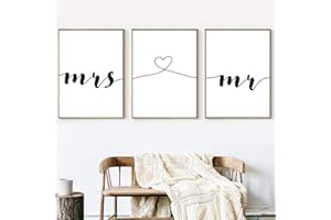 NORDIC IDEAS Set de 3 Posters Mr Cœur Mrs Citation Amour Murale Chambre Tableaux Décoration Minimaliste Peinture sur Toile 50x70 Affiche Noir et Blanc Couple Poster Deco Adulte Salon Sans Cadre PTQT001-XL