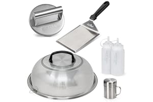 HULISEN Smashed Burger Kit, Burger Press with Edge, 12 Inch Basting Cover, Grill Spatula, Spice Dredge Shaker and 2 Squeeze Bottles - Griddle Accessories Kit for Flat Top Grill Cooking, Gift Package