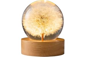luolety Lampka nocna, kryształowa kula, 6 cm, szklana kula z drewnianą podstawą, podstawa LED, ładowanie USB, wzór kwiatów, lampka nocna ze stojakiem (dmuchawiec)