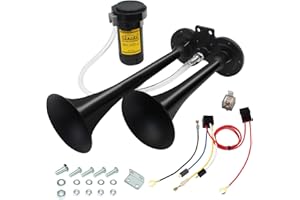 GAMPRO 12V 150db Air klaxon, Chrome Zinc double trompette Air Horn avec compresseur pour tous les véhicules 12V Camions Camions Trains Bateaux Voitures Vans (Noir)
