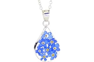 Natural Flower Jewellery Sterling Silver Medium Tear Drop Pendant Made With Real Forget Me Nots