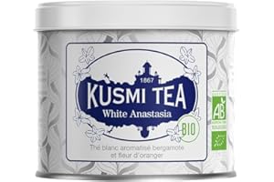 Kusmi Tea - White Anastasia - Thé Blanc Bio à la Bergamote, Aromatisé à la Fleur d'Oranger et Citron - À Déguster Chaud ou en Thé Glacé - Boîte Thé Métal 90g - Quantité pour environ 50 Tasses
