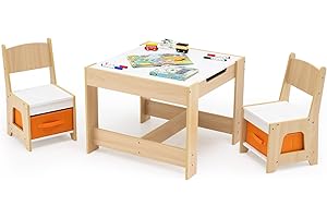 Maxmass 3PCS Kids Table and Chair Set, Wooden Toddler Play Table with Removable Double Side Tabletop, Storage Drawers, Children Activity Desk Furniture for Eating Drawing Reading Learning (Natural)