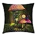 Produktbild FAFANIQ Fantasy Decor Throw Pillow Cushion Cover, Fiction Forest with Giant Mushrooms and Elves Magical Fairy Enchanted Image, Decorative Square Accent Pillow Case, 18 X 18 Inches, Green Coral