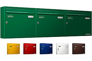 ‎AL BRIEFKASTENSYSTEME AL Briefkastensysteme Basic 3er Briefkasten RAL 6005 Moos Grün 3 Fach DIN A4 wetterfest Briefkastenanlage mit Posthaltebügel und 2 Namensschildern