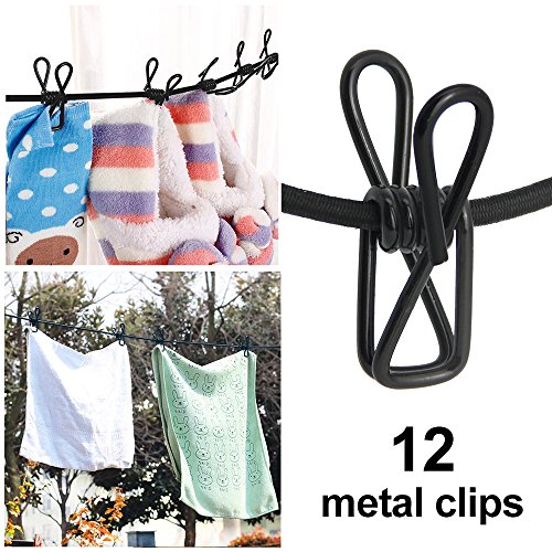 JTDEAL flexible Wäscheleine, Kleiderhaken, Outdoor Wäscheleine mit 12 beschichteten Klammern für Reise, Urlaub, Camping, 180cm-340cm, Schwarz - 6