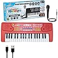 Wembley Kids Rechargeable Piano with Mic Electronic Portable Keyboard Musical Toy for Beginners Boys Girls 3 4 5 6 7 8 9 Years with Recording 37 Keys 8 Rhythms 8 Tones 6 Demos Function - Red
