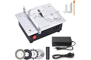 HEBERUCK Mini sierra circular de mesa, fuente de alimentación de 7 velocidades, sierra de mesa ajustable, sierra de mesa portátil de precisión con 4 cuchillas y solapa de seguridad, hoja de sierra de 0,1 a 15