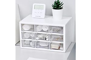 JOENCOST Desk Storage Organizer with 9 Drawers, Clear Plastic Storage Cabinet, Stackable Desk Storage Box for Makeup Office Craft Hardware Art Supplies,9.8x6.3x5.9inch(White)