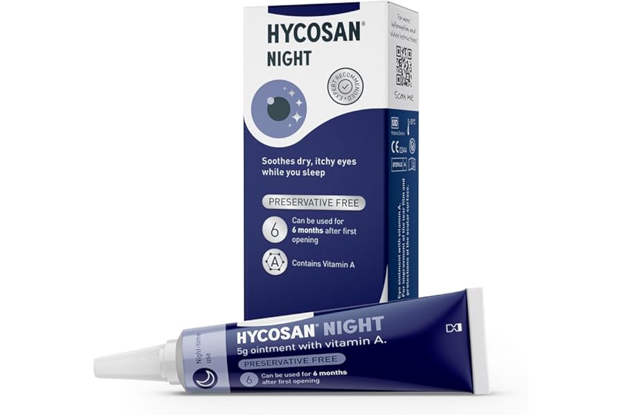 Hycosan Night - Soothing Relief and Protection Against Dry, Tired and Burning Eyes While You Sleep - with Vitamin A and Preservative Free - 300 Applications