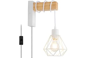 B·LED BARCELONA LED Applique murale vintage avec 1 ampoule design industriel, lampe rétro en acier et bois, couleur blanc, marron, culot E27 (LM133-B-Y), 0