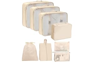 LAOYE Organizer do walizki 8 w 1, opakowanie kostek, wodoodporny organizer podróżny z 8 rozmiarami, wodoodporne torby podróżne do przechowywania, beżowy