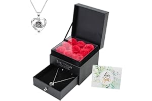 JEKUGOT Eternal Roses, Handmade Preserved Rose Gift Box With 100 I Love You Language Necklace, Romantic Gift For Wife And Mother On Valentine'S Day, Mother'S Day, Anniversary, Birthday, Christmas.