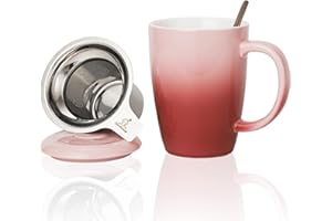 Candiicap Tazza da Tè in Ceramica con Infusore, Cucchiaio e Coperchio, 385ml, Tazza con Filtro da Tè Grande per Tè, Caffè, Latte-Adatto al Microonde e alla Lavastoviglie (385ml,Rosa Sakura)