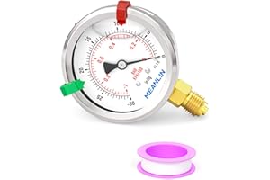 MEANLIN MEASURE -1~0Bar/-30~0inHg Manomètre à vide 1/4" BSP 2.5" cadran frontal, manomètre à liquide en acier inoxydable à montage inférieur WOG eau huile air (avec 2 boutons-pression)