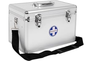 SONGMICS Cassetta di Pronto Soccorso Portatile, Scatola per Medicinali, con Maniglia e Tracolla, in Alluminio, Plastica ABS, Colore Argento JBC362S