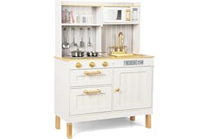 WOODENFUN Cucina per bambini in legno rosa, cucina giochi per bambini con lavello, forno, cucina in legno, cucina giocattolo, cucina giochi in legno con accessori per bambini dai 3 anni in su (oro)