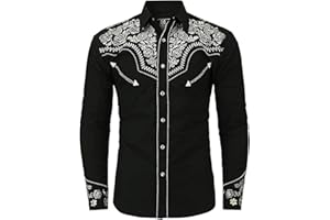 GENERIC Mens T-Shirt Men's Western Cowboy Shirts Long Sleeve Embroidered Shirts Slim Fit Casual Button Down Shirt with Pockets
