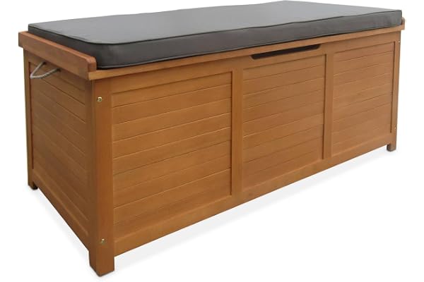 Coffre de Jardin en Bois - Caja - 125x60cm Rangement Coussins avec vérin et poignées (Gris)