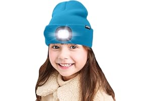 ATNKE Kids LED beleuchtete Mütze mit Licht, USB Wiederaufladbare 4 LED Scheinwerfer wasserdichte Winterwärmer Strick Nachthüte mit leichten Jungen Mädchen