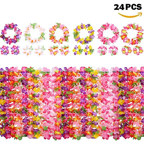 Yojoloin 24 Piezas Hawaianas Leis Luau Flores con 12 Pulseras 6 Diademas y 6 Collares para Luau Hawaiian Party Decoraciones Suministros Photo Booth Props.