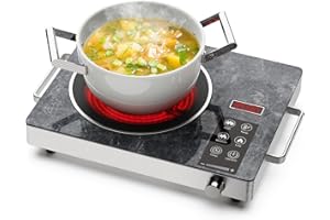 Borrallio Portatile Fornello Elettrico Singolo 3500W, Piastra Riscaldante a Infrarossi con Vetro Marmorizzato, 220V Piano Cottura Elettrico con Timer e Controllo a Manopola, Vetroceramica per Esterno