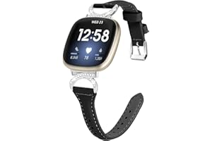 Gimuk Bracelet en cuir compatible avec Fitbit Versa 4/Sense 2, bracelet de rechange en cuir véritable avec strass pour femme et fille