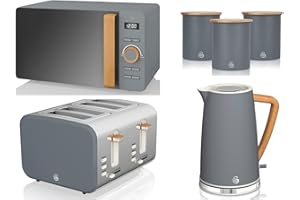 Swan Products Ltd Nordic 6 Piece Kitchen Set in Slate Grey Including 1.7L Jug Kettle, 4 Slice Toaster, 800W 20L Microwave & Tea, Coffee, Sugar Canisters. Scandinavian Style Kitchen Set
