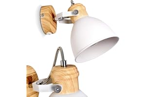 ‎HOFSTEIN Wandleuchte Banjul, verstellbare Wandlampe aus Metall in Weiß/Holzoptik, 1-flammig, 1 x E27, Retro/Vintage Wandspot mit An-/Ausschalter am Gehäuse, ohne Leuchtmittel