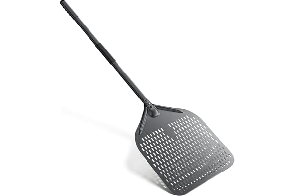NUTUNI Pizzaspade, 34,7 cm x 45 cm lång pizzaspade av hårdanodiserad aluminium med värmeisolerande silikonfodral, perforerad pizzaskrapa för pizzor, ugnsbröd, total längd 120 cm