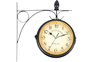 YOUWISE H-YEEU 31 cm * 29 cm Orologio da Parete Retrò Colore Nero, Orologio Stazione Ferroviaria, Orologio da Parete in Ferro, Orologio da Parete con Numeri, Orologio Su Due Lati