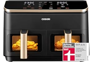 ‎COSORI COSORI Heißluftfritteuse 2 Kammern, Airfryer Testsieger der Stiftung Warentest, 6-in-1 Dual Zone Air fryer 8,5 L, Heissluftfritteuse Doppelkammer mit Sichtfenster, energiesparend, Gold