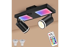 YindaLux Foco de techo LED regulable con mando a distancia, cambio de color RGB, 17 W, 2300 lm, lámpara orientable, color negro, 2 focos, brillo inferior, 7 W + 2 bombillas GU10 de 5 W