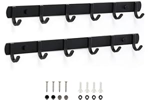 HOSKO Perchero Pared, Ganchos Percheros de Pared de montaje para Dormitorio Baño y Cocina, Perchas de Acero Inoxidable Engrosado Negro (6 Hook, 2 Piezas)