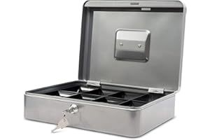 MAUL caja fuerte de acero 30 x 24 x 8,7 cm | Caja caudales con cerradura | Bandeja extraíble para monedas | Caja con 2 llaves | Caja registradora robusta con asa | Plata