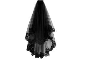 XINCHIUK Black Lace Gothic Bride Veil - 2 Tier Elegant Wedding & Halloween Headdress with Comb - Soft Tulle, Short, Embroidered Edge, Elbow Length Women's Hen Party Veil