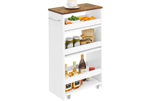 ‎IBUYKE IBUYKE Nischenwagen 20cm breit,4 Ebenen Küchenwagen schmal, Nischenregal auf Rollen,Hölzerner Bad Regal mit Griff für Küche, Wohnzimmer, Arbeitszimmer,weiß WST005W-L