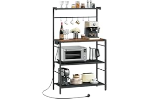 ‎MAHANCRIS MAHANCRIS Küchenregal, Standregal, Bäckerregal mit Steckdose, 6 S-Haken und 4 Ebenen, 80 x 35 x 131,7 cm, Mikrowellenständer für Küche, Esszimmer, Wohnzimmer, Vintagebraun und Schwarz ABRHR351UE01