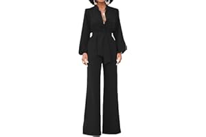 Minetom Femmes Jumpsuits Combinaisons Col V Large Jambes Manches Longues Long Barboteuse Pantalon Avec Ceinture Navettage Élégant