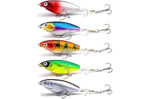 MOKEUM Topwater Fishing Lures, 5pcs Fishing Popper Plopping for Bass Topwater 3D Eyes Bait with Propeller Tail for Catfish,Pike Perch, Floating Pencil Bass Freshwater or Saltwater