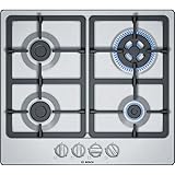 Bosch PGH6B5B90 Serie 4, Piano cottura a gas, Bruciatore WOK: potenza fino a 3.3 kW, griglie in ghisa, Acciaio, 60 cm