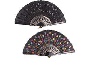 Morices 2 Pcs Sequin Folding Fans, Elegant Embroidered Flower Peacock Pattern Handheld Fan, Decorative Hand Fans for Dancing Wedding Party Favors Gift Wall Hanging Decoration (Black + Colorful)